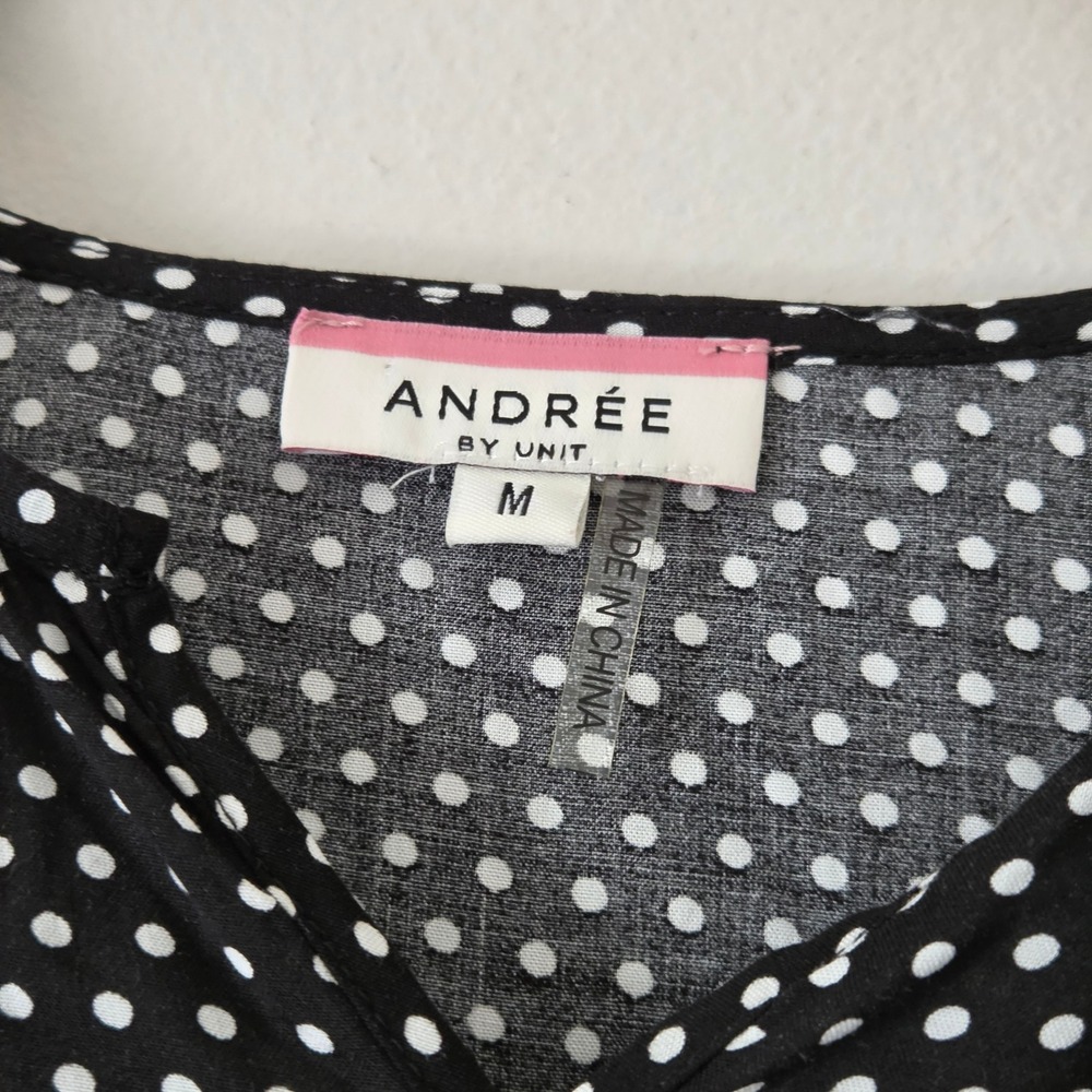 Andree by Unit Polka Dot Ruffle Babydoll Blouse Black White Pink Yellow M 18580 - Picture 3 of 5